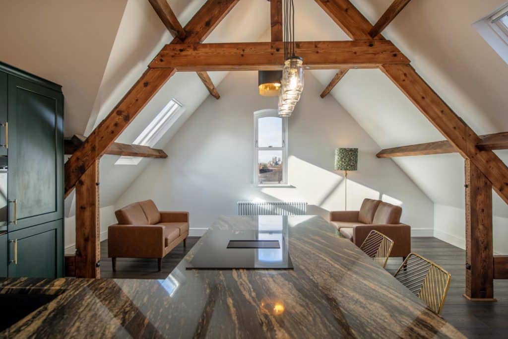 Historic renovated kitchen, with original beams 